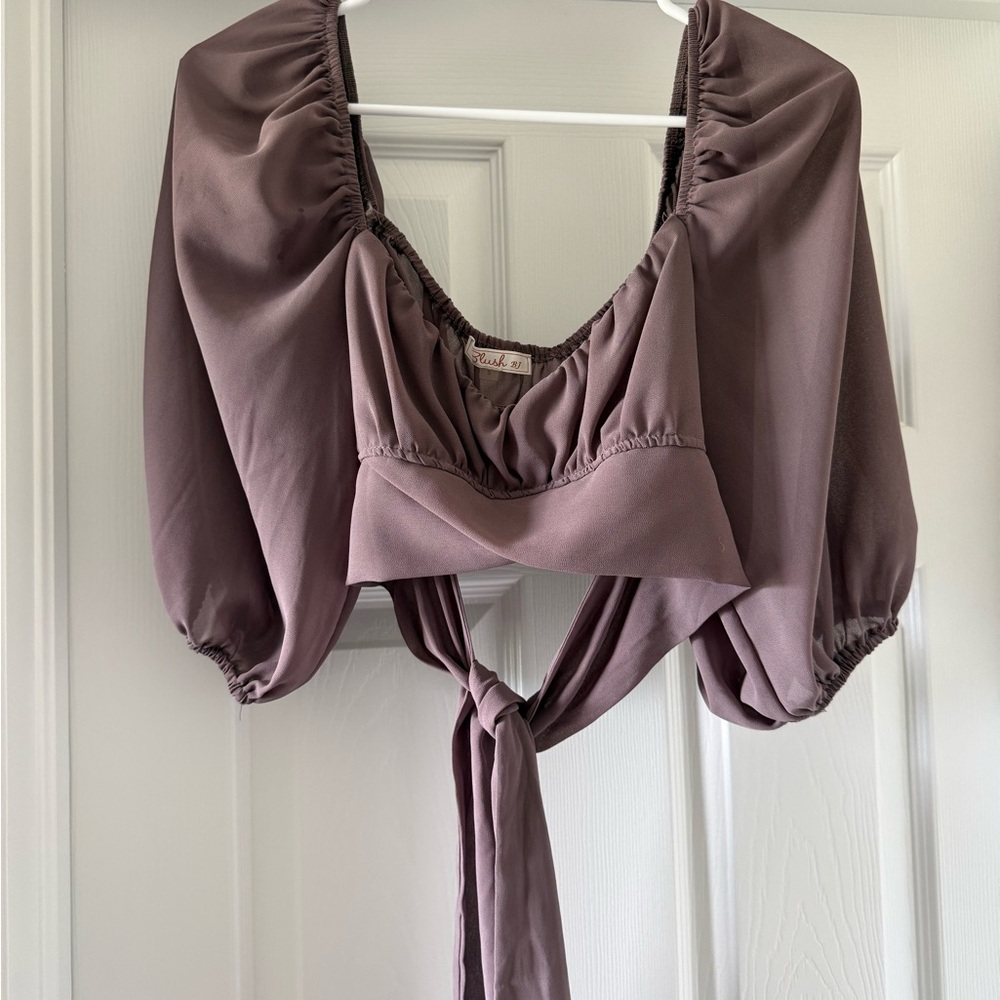 Tie-Front Puff Sleeve Top in Purplish Brown